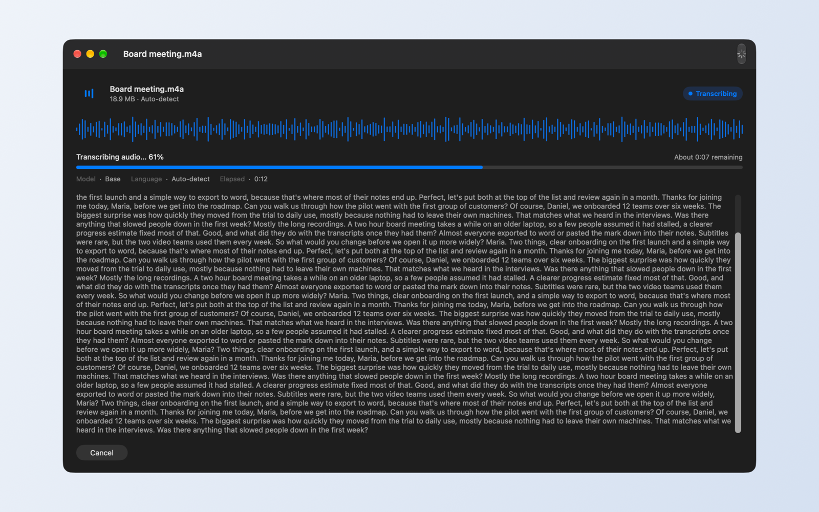 Verbatim transcribing a board meeting recording at 61 percent, with a live text preview