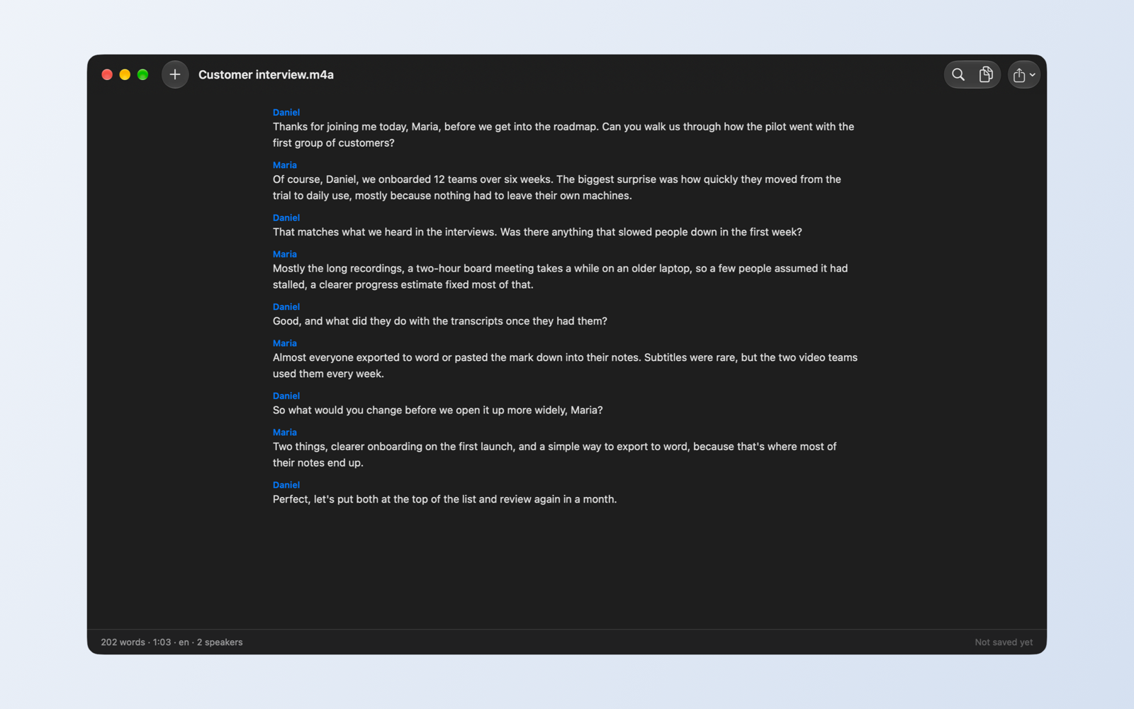 Verbatim showing a finished interview transcript, each paragraph labelled Daniel or Maria