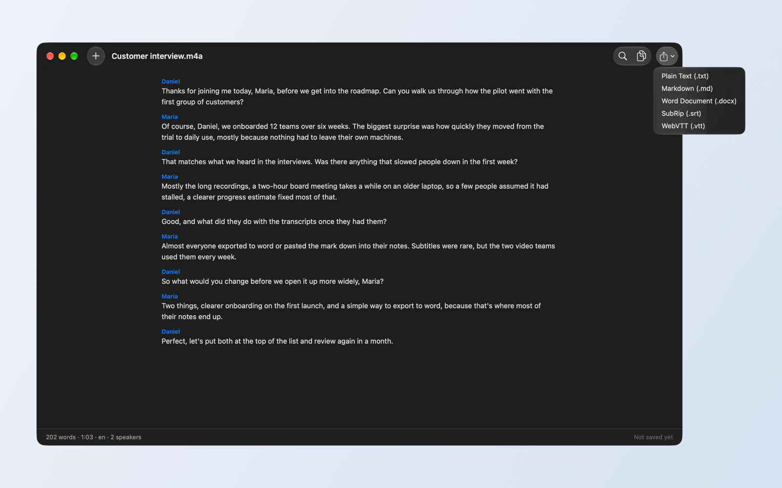 The Export menu listing Plain Text, Markdown, Word Document, SubRip and WebVTT