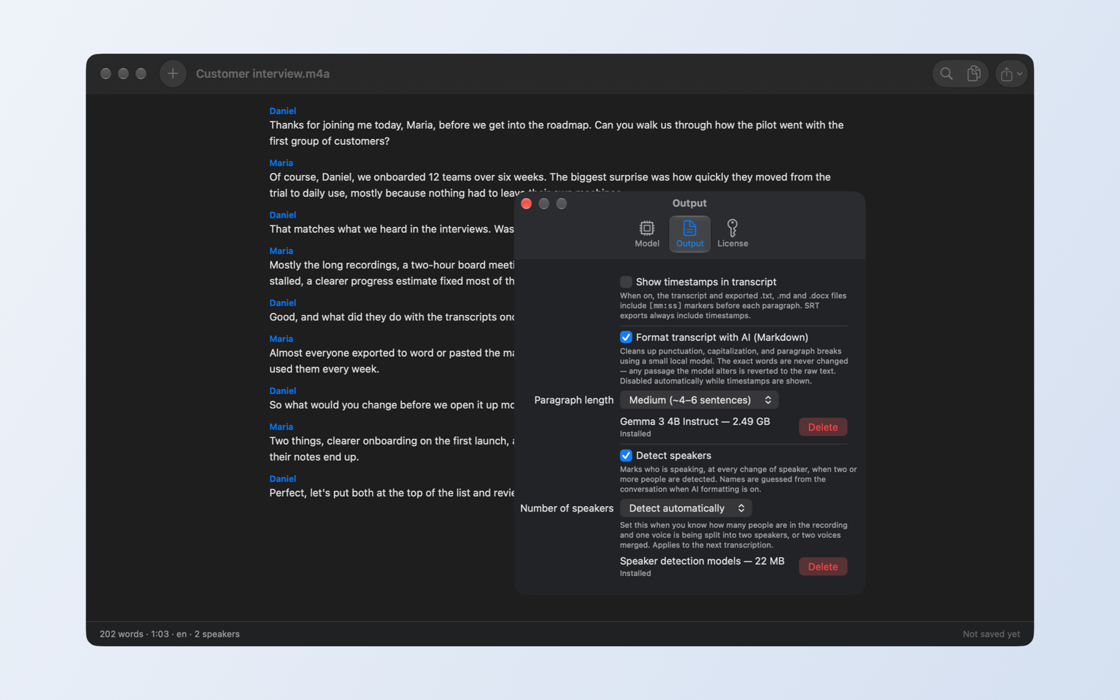 Verbatim settings showing the AI formatting and speaker detection options and the installed models